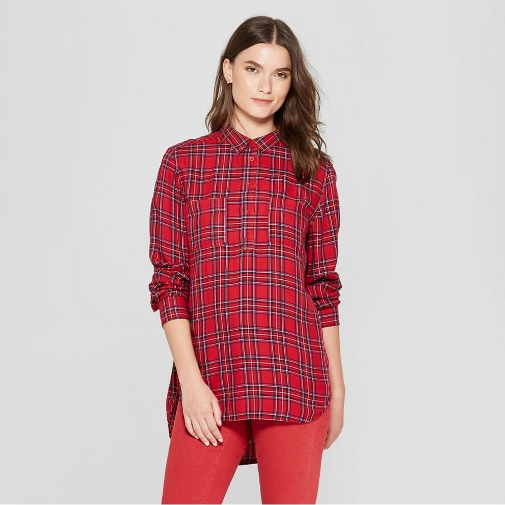 Universal Thread Red Plaid Tunic Shirt Soft Flannel 90’s Y2K Holiday Grunge Lrg